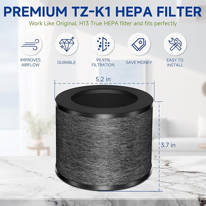 TZ-K1 Replacement Filter Compatible with ToLife TZ-K1 Filter, with FreAire KN6391, with Aroeve MK01 MK06 MG01JH Filter, 3-in-1 H13 HEPA Filter 360° Rotating, Activated Carbon and Pre-filter, 2 Pack