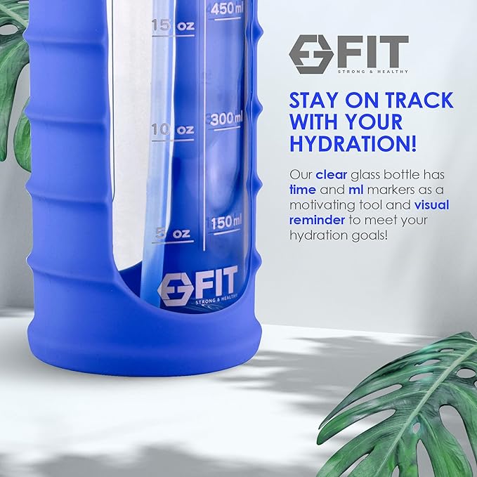 FIT Strong & Healthy 32 oz Glass Water Bottle with Straw Lid, Time Marker, Sleeve & Extra Lid - Motivational, Wide Mouth 1 Liter Glass Drinking Bottle