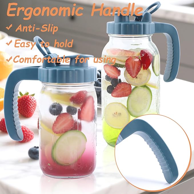 Mason Jar Pitcher 2 Quart With Pour Spout Lids 2 Pack 64 Oz Wide Mouth Water Pitcher Airtight And Leakproof Glass Carafe With Handle And Flip Cap For Milk, Iced Tea, Cold Brew Coffee, Juice