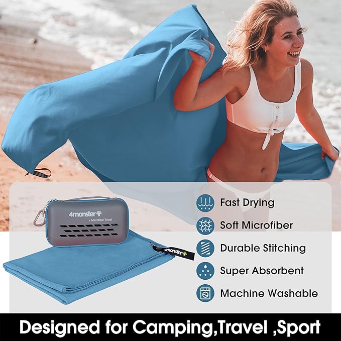 4Monster Camping Towel Super Absorbent, Quick Dry Microfiber Travel Towel, Fast Drying Ultra Soft Compact Gym Towel for Hiking Swimming Beach Yoga Travel Sports Backpack (Marine Blue, 47.00" x 23.60")-FlexoryFit