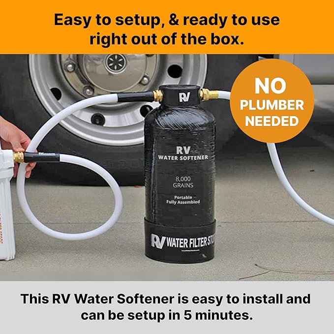 Essential RV Water Softener Portable 8,000 Grain, 3/4" Fittings, Softens Hard Water for RV's Vanlife Nomads Boondockers, New Lighter & Compact Model Easy Storage