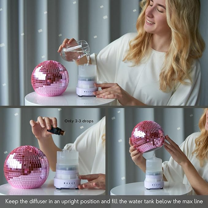 SCANDINORDICA Disco Ball Diffuser Rotating - Essential Oil Diffuser with Whisper Quiet Operation, Unique Preppy Room Decor | Aromatherapy Diffuser for Medium Room Pink