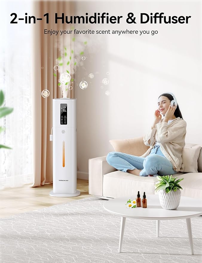 VAGKRI 12L Large Room Humidifier, 120H Long Lasting Cool Mist, 3 Mist Levels, Auto Humidity Adjustment, Top Fill Design with Essential Oil Tray for Bedroom, Home, Plants, Baby