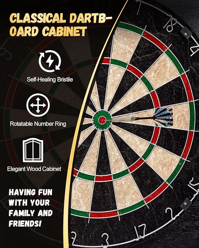 Sisal Dart Board Cabinet Sets, Decorative Dart Boards for Adults [6*Steel Darts] - Wooden Dartboard Cabinet with Integrated Scoreboard for Family Game Rooms