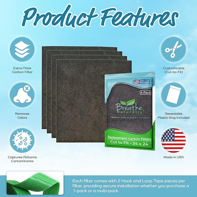 Breathe Naturally Universal Cut To Fit Carbon Activated Air Filter - Replacement Charcoal Filters - Pre Filter Carbon Sheet for Air Purifier, Vent Filters & More - Made in USA (Pack of 4, 24x24)