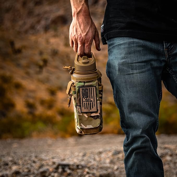 Iron Infidel Battle Bottle - 32 Oz Insulated Water Bottle with Straw Lid & Chug Cap, Stainless Steel Metal Tactical Flask With Rugged, Removable Sleeve for Keys & Phone or Wallet (OCP Camo 1 Liter)-FlexoryFit