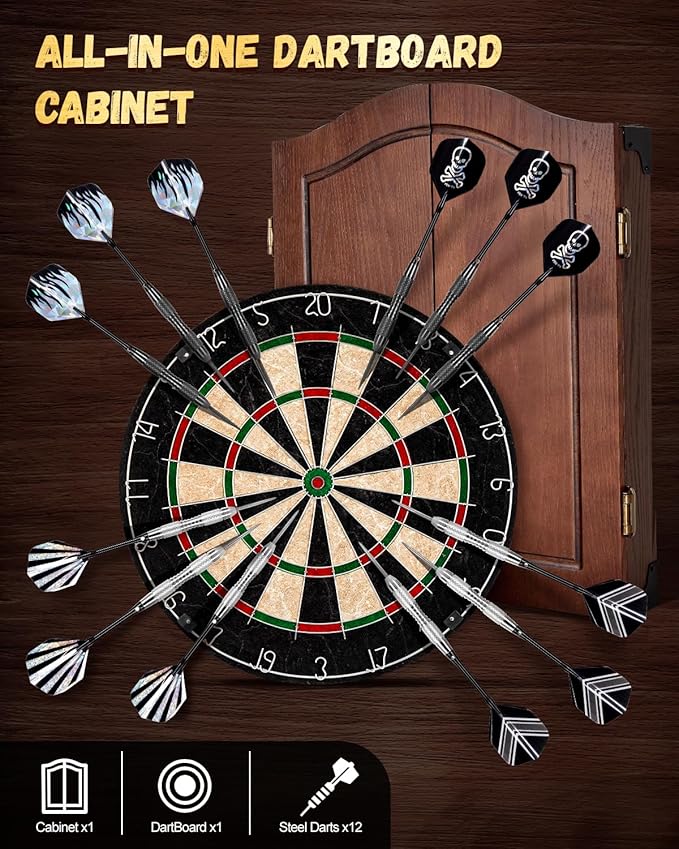 Sisal Dart Board Cabinet Sets, Decorative Dart Boards for Adults [6*Steel Darts] - Wooden Dartboard Cabinet with Integrated Scoreboard for Family Game Rooms