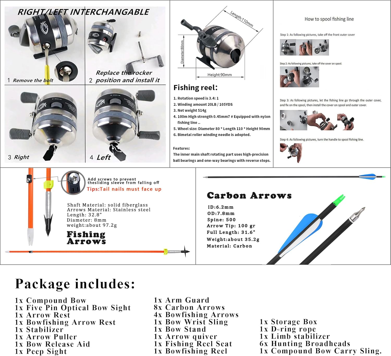 Archery Bowfishing Compound Bow Kit Ready to Fish Kit with Bowfishing Reel, Bow Fishing Arrows Right & Left Handed for Adult/Youth Fishing Hunting Target Shooting