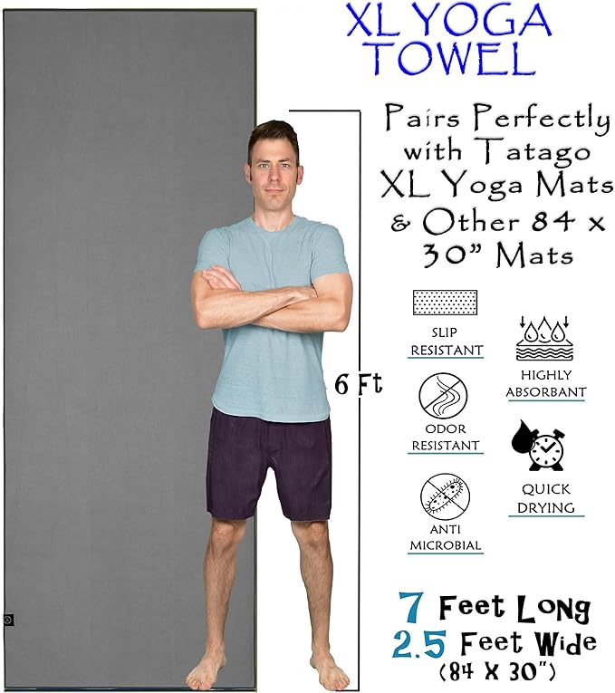 Tatago Hot Yoga Mat Towel Non Slip for Hot Yoga (72-84 inch Mats) Our Hot Yoga Towel Non Slip Silicone Dabs & Absorbent Microfiber Blend Gives You More Grip As You Drip! (Nube Gris, XL - 84")-FlexoryFit