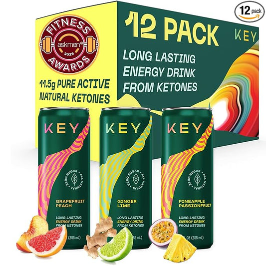 KEY Ketone Energy Drink - Sugar Free and All Natural from Ketones for Long Lasting Energy and optimal Green Tea Caffeine and L-Theanine for Mental Focus to Perform, Variety Pack (Pack of 12)-FlexoryFit