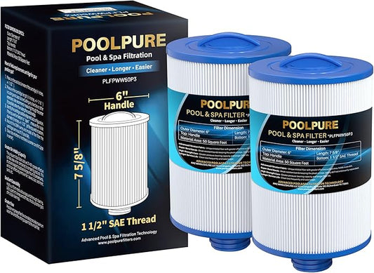 POOLPURE PWW50P3 Spa Filter Replacement for Unicel 6CH-940, 817-0050, Filbur FC-0359, 25252, 378902, 03FIL1400, 45 sq.ft Screw in Hot Tub Filter, 1 1/2" Coarse Thread, L x OD:7 5/8"x 6" 2 Pack