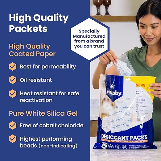 Wallaby 2 gram (50 Packets) Food Safe Pure White Silica Gel Desiccant Dehumidifier Packs - Rechargeable & Coated Moisture Absorbers - Protects Against Moisture Damage - (Packed in 10x Sets of 5)