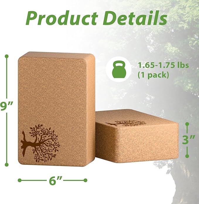 Cork Yoga Blocks 2 Pack Set, Natural Cork Soft Non-Slip Yoga Blocks, High Density & Eco Friendly Yoga Accessories for Women| Men, Ideal for Yoga, Pilates, Stretching and Toning-FlexoryFit