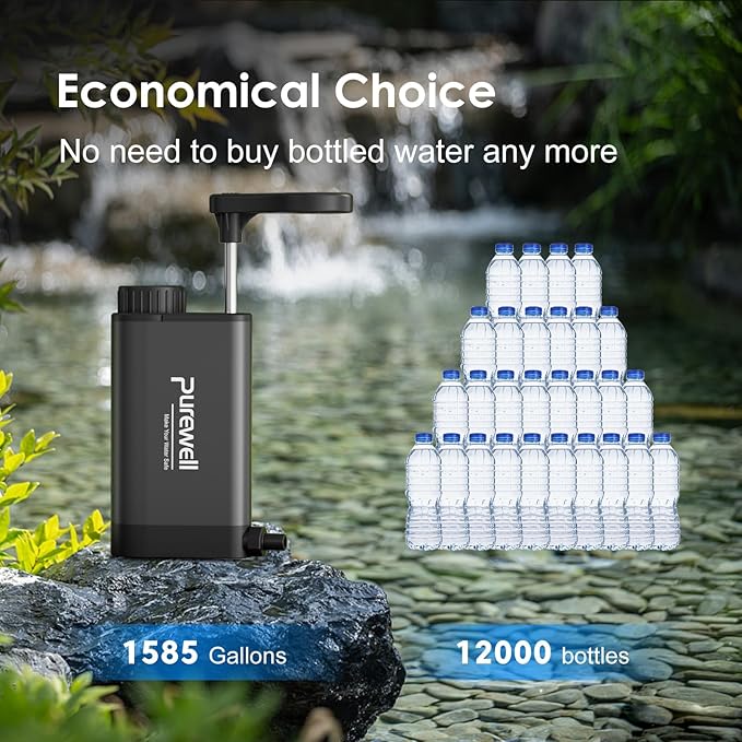 Purewell Water Purifier Pump with Replaceable Carbon 0.01 Micron Water Filter, 4 Filter Stages, Portable Outdoor Emergency and Survival Gear - Camping, Hiking, Backpacking