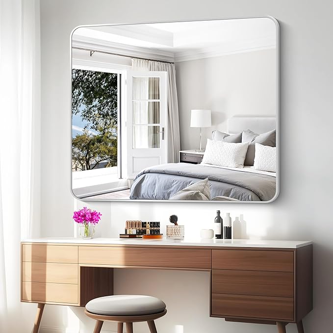 Silver Bathroom Mirror,40x48 inch Wall Mirror for Bathroom Wall Mounted,Rectangle Mirror for Bathroom Over Sink,Modern Frame Round Corner for Living Room,Bedroom Entryway,Horizontal/Vertical