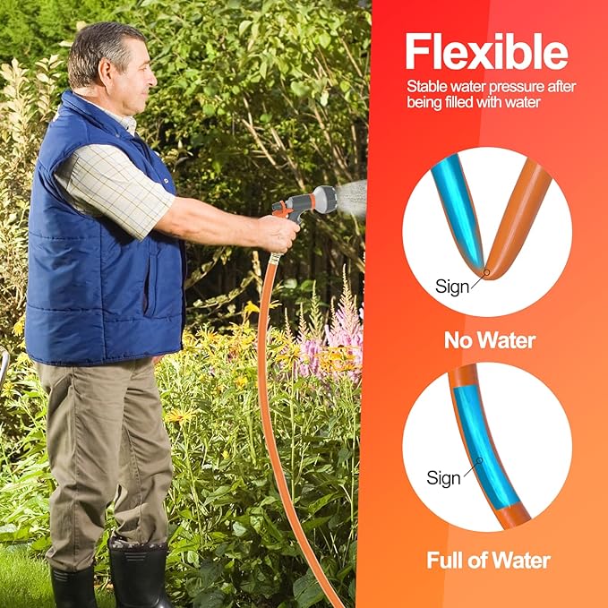 Garden Water Hose 50 ft x 3/4 in Heavy Duty, Flexible and Lightweight, Burst 600 psi, Kink-less Hybrid Rubber Pipe for Backyard, 3/4'' Brass Fittings, Orange