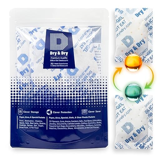Dry & Dry 20 Gram [5 Packs] Orange Indicating(Orange to Dark Green) Mixed Silica Gel Packets - Food Safe Rechargeable Silica Packets Desiccants Silica Gel Packs Silica Gel Packets