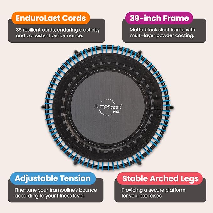 JumpSport 350 PRO Indoor Heavy Duty Fitness Trampoline, 39-inch | 36 Premium EnduroLast 4 Elastic Cords | Customized Bounce with 7 Settings | 300 lb Wt. Rating | 60-Day Free Trial to 350+ Videos-FlexoryFit