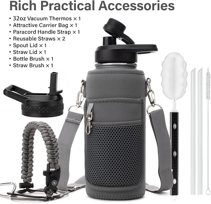 Insulated Water Bottle | Thickened Stainless Steel Vacuum Metal | Portable Sports Water Jug for Gym and Hiking with Straw, Carrier Bag, Handle Strap | BPA-Free 32 oz-FlexoryFit