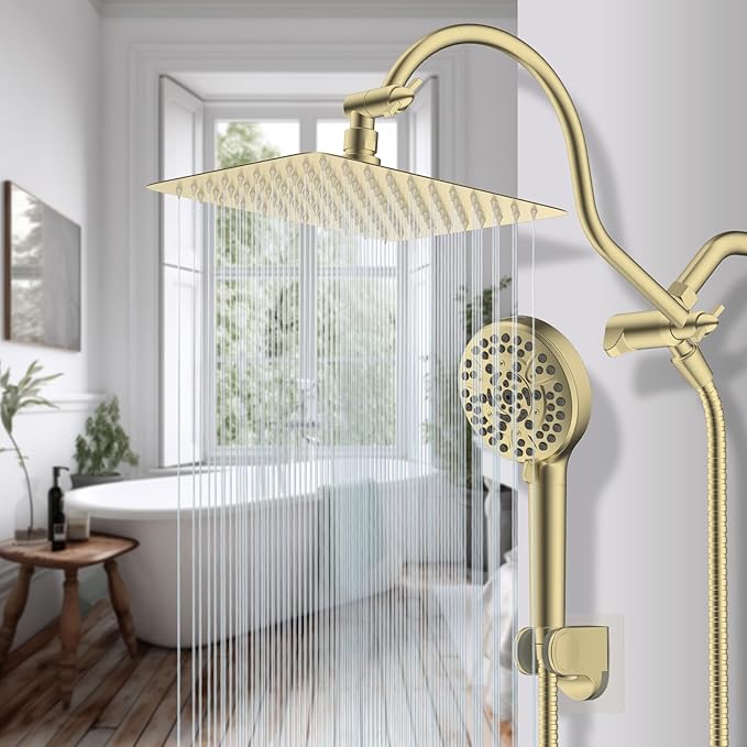 Hibbent All Metal Shower Head, 10'' High Pressure Rainfall Shower Head/Handheld Showerhead Combo with 12'' Adjustable Curved Shower Extension Arm, 10-Spray, 71'' Hose, Showerhead Holder, Brushed Gold