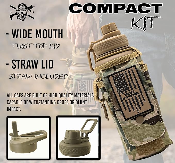 Iron Infidel Battle Bottle - 32 Oz Insulated Water Bottle with Straw Lid & Chug Cap, Stainless Steel Metal Tactical Flask With Rugged, Removable Sleeve for Keys & Phone or Wallet (OCP Camo 1 Liter)-FlexoryFit