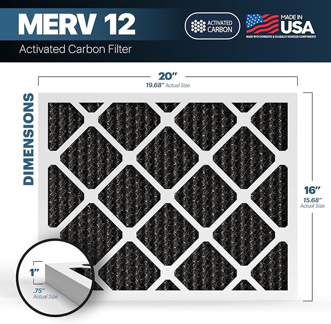 BNX TruFilter 16x20x1 MERV 12 Odor Defense (4-Pack) AC Furnace Air Filter with Activated Carbon - MADE IN USA - Pleated Air Conditioner HVAC AC Furnace Filters - Removes Odor, Mold, Bacteria, Smoke