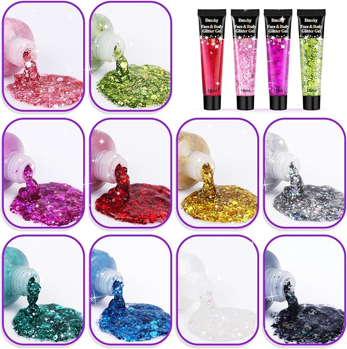 10 Colors Body Glitter,Face Glitter Makeup for Kids Women,Sparkly Chunky Hair Glitter for Eye Lip Hair Nails,Mardi Gras Glitter Makeup Face Paint,Singer Concerts Disco Rave Festival Accessories-FlexoryFit