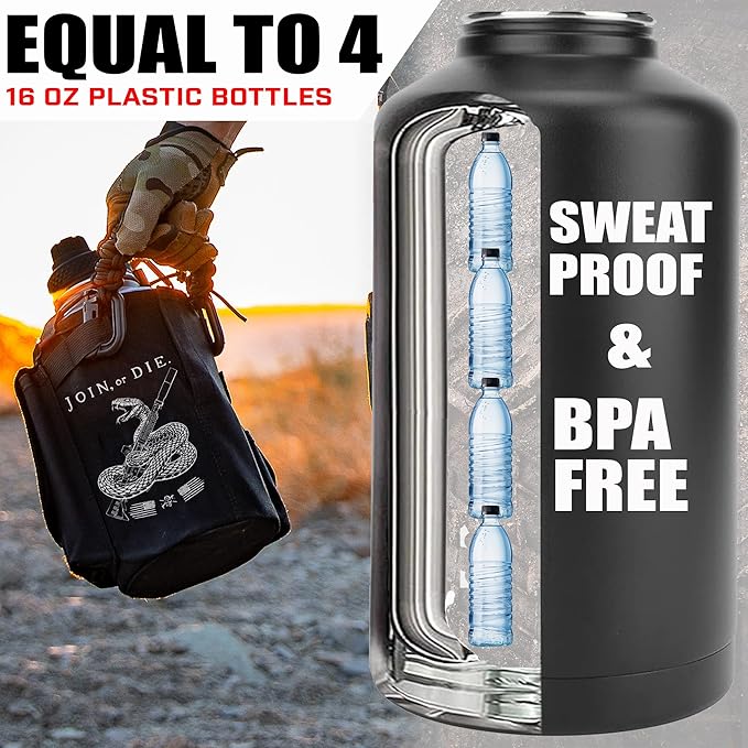 Iron Infidel Battle Bottle - Half Gallon Insulated Water Bottle with Paracord Handle, Large 64 oz Stainless Steel Water Jug with Rugged, Removable Sleeve for Keys, Wallet & Phone (Join or Die 2 Liter)-FlexoryFit