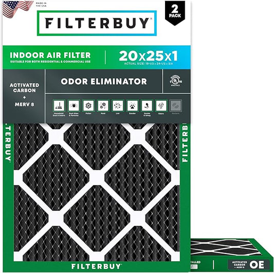 Filterbuy 20x25x1 Air Filter MERV 8 (MPR 700) Odor Eliminator Replacement (2-Pack), Electrostatic Pleated HVAC AC Furnace Filters w/Activated Carbon, Made in USA (Actual Size: 19.50 x 24.50 x 0.75)