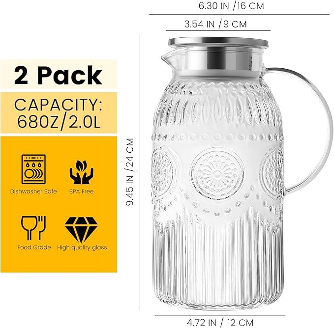 Bandesun Glass Pitcher with Lid, 68 oz/ 2 Liter 2Pack Vintage Water Pitcher,Glass Water Carafe for Cold Brew, Coffee, Lemonade, Iced Tea,Beverage, Heat Resistant Jug