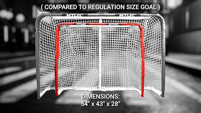 Mylec Steel Junior Hockey Goal for Indoor + Outdoor (52” x 43”), Easy Assembly, Lightweight, Portable, and Net Weave System (Red, 17 Pounds)