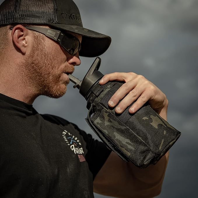 Iron Infidel Battle Bottle - 32 Oz Insulated Water Bottle with Straw Lid & Chug Cap, Stainless Steel Metal Tactical Flask With Rugged, Removable Sleeve for Keys & Phone or Wallet (Black Camo 1 Liter)-FlexoryFit