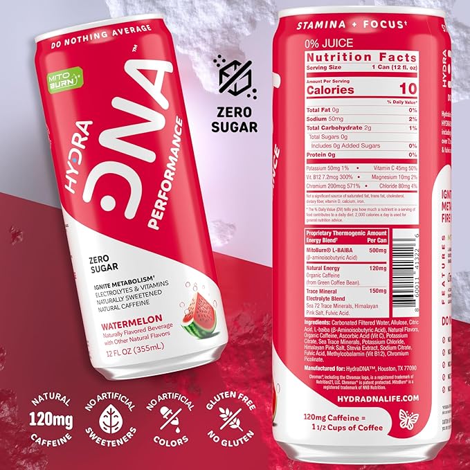 HYDRADNA- Clean Performance Drink, Zero Sugar | For Natural Fuel, Alertness, Boost, Stamina,120 mg Organic Caffeine, Natural Flavors, Zero Sucralose, Clean Ingredients (12 Pack) (12 Pack, Watermelon)-FlexoryFit