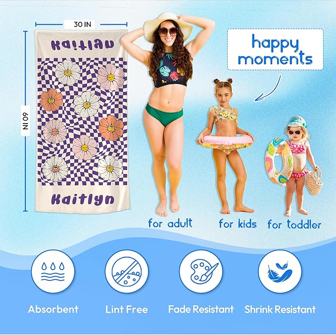 JML Personalized Beach Towel with Name, Custom Flower Beach Towel, Customized Microfiber Pool Towel, Quick Dry & Absorbent Swim Towel for Adult,Anniversary, Birthday, Summer Holiday,Vacation-FlexoryFit