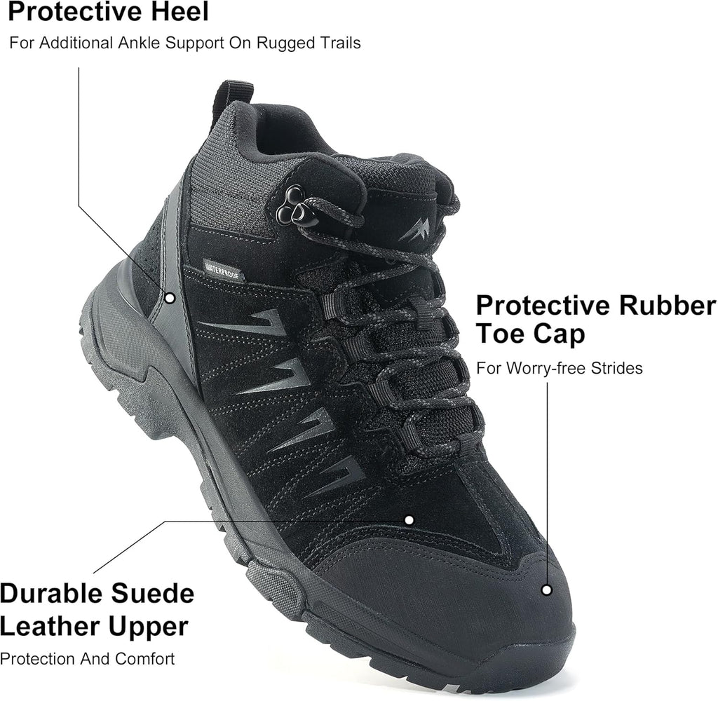 Men's Waterproof Hiking Boots Lightweight Comfortable Leather Mid Ankle Outdoor Trekking Boot