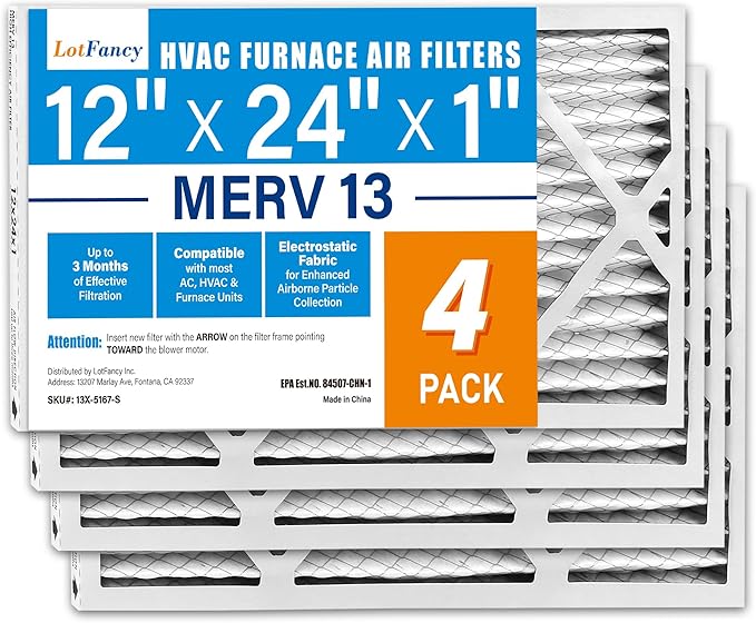 LotFancy 12x24x1 Air Filter MERV 13 4-Pack, Electrostatic Pleated HVAC Furnace by LotFancy