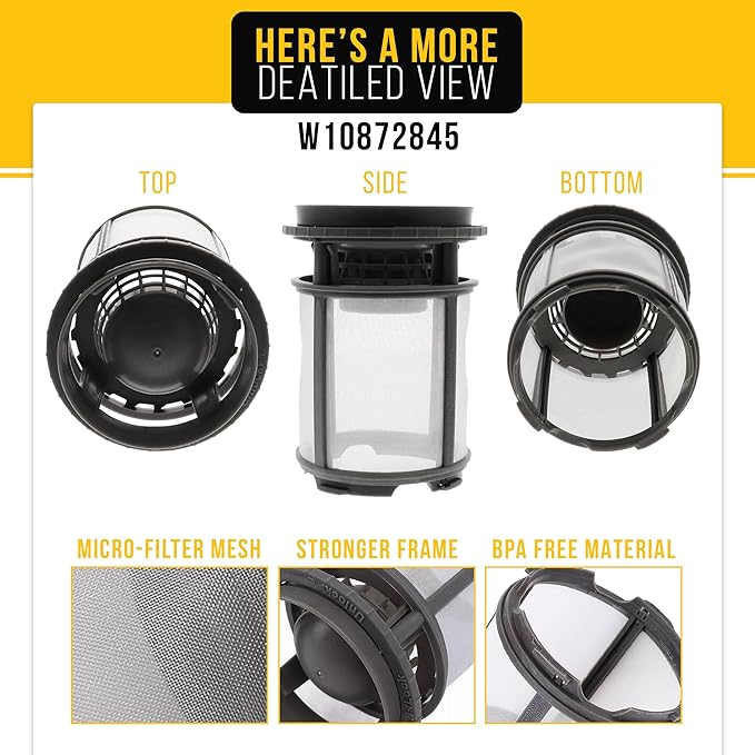 PartsBroz W10872845 Pump Filter - Compatible With Whirlpool Kenmore KitchenAid Jenn-Air Dishwasher - Replaces AP6030094 PS11759673 W10393351 W10465373 W10465374 W10465377 W10465379 W10693534 4454491