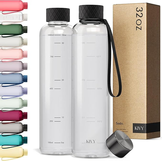 KIVY Slim Water Bottle 32oz [Lightweight & Shatterproof] Fits Backpack & Cupholder for Travel, Sports, School, Gym - Clear water bottle with measurements - Transparent Tritan Black - Dishwasher Safe-FlexoryFit