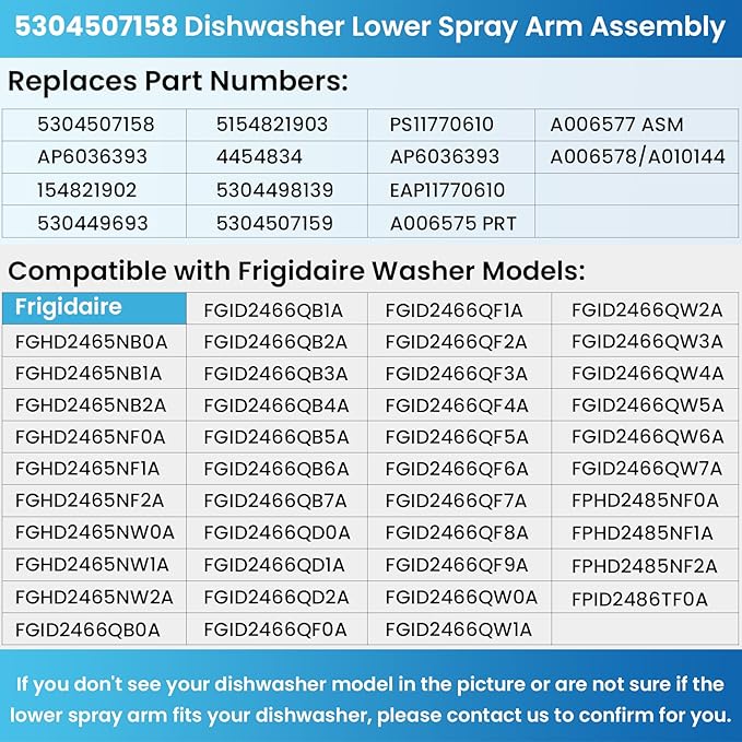 Upgraded 5304507158 Dishwasher Lower Spray Arm for Frigidaire Dishwashers Spray Arm Assembly, Replaces AP6036393, PS11770610, EAP11770610, A006575 PRT, A006577 ASM, A006578/A010144