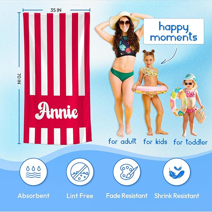 JML Personalized Beach Towel with Name, Custom Cabana Stripe Beach Towel, Customized Microfiber Pool Towel, Quick Dry & Absorbent Swim Towel for Adult,Mother's Day, Birthday, Summer Holiday,Vacation-FlexoryFit