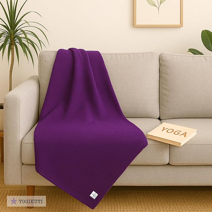 Yogikuti Iyengar Cotton Yoga Blanket Set of One – Thick Handwoven Yoga Blankets for Restorative Yoga, Meditation & Pranayama – Premium Cotton Yoga Blanket for Support & Comfort in Pranayama (Purple)-FlexoryFit