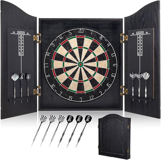 Sisal Dart Board Cabinet Sets, Decorative Dart Boards for Adults [6*Steel Darts] - Wooden Dartboard Cabinet with Integrated Scoreboard for Family Game Rooms