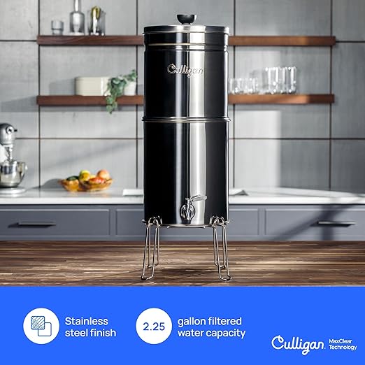 Culligan with MaxClear Technology 2.25 Gallon Gravity Water Filter System, Polished Countertop Ceramic Water Filter NSF/ANSI Certified to Reduce Lead, Microplastics & Total PFAS, with 4 Filters