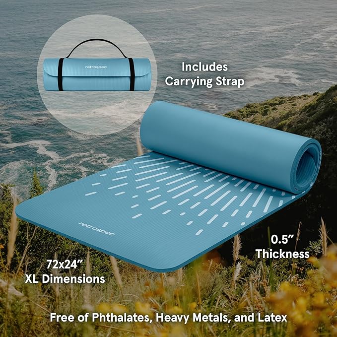 Retrospec Solana Yoga Mat 1/2" Thick w/Nylon Strap for Men & Women - Non Slip Exercise Mat for Yoga, Pilates, Stretching, Floor & Fitness Workouts-FlexoryFit