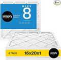 Simply 16x20x1 Air Filter, MERV 8, MPR 600, 6 Pack, For Home AC Furnace & HVAC (Actual Size: 15.75"x19.75"x0.75") DUST, Pet, & Allergy Control