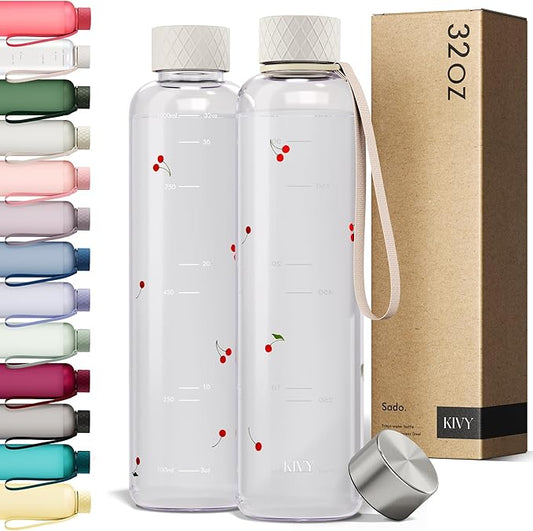 KIVY Clear water bottle 32oz [Lightweight & Shatterproof] Fits Backpack & Cupholder for Travel, Sports, School, Gym - Cute water bottle aesthetic - Cherry Edition-FlexoryFit