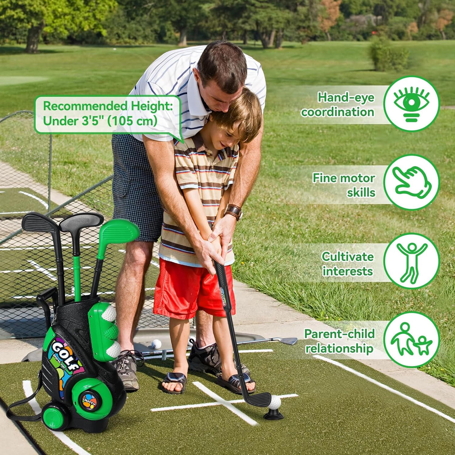Liberry Toddler Golf Set for Boys Girls Age 2 3 4 5, Upgraded Kids Golf Cart with Shoulder Strap Design, Outdoor Indoor Sports Toys for Birthday, Black