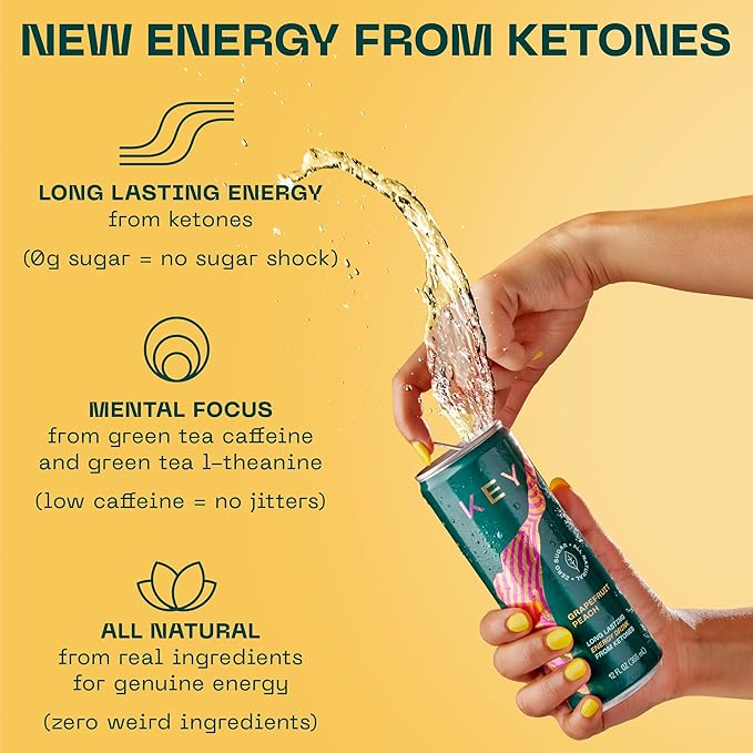 KEY Ketone Energy Drink : Sugar Free, 80mg Low Caffeine, All Natural, 11.5g Ketones, Long Lasting Energy, Green Tea & L-Theanine for Mental Focus, Ginger Lime (Pack of 12)-FlexoryFit