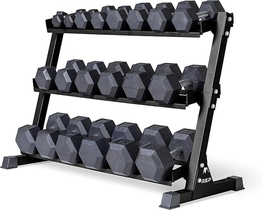REP Fitness Rubber Hex Dumbbell Set, Adjustable Weight Pairs, Home Gym Equipment, Strength Training For Men Women, Black Coated Grips, Workout Rack Storage Optional, Heavy Lb Free Weights-FlexoryFit