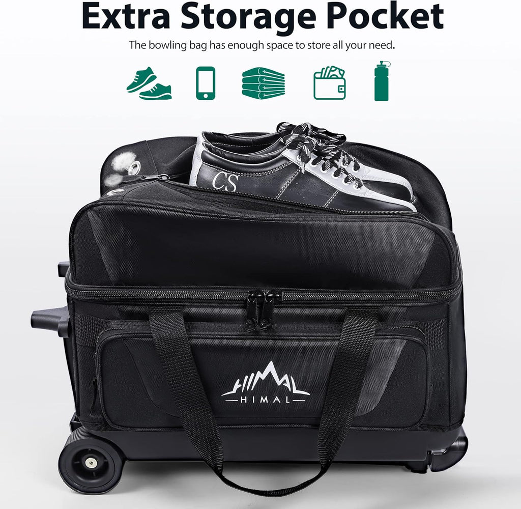 Double Roller 2 Ball Bowling Bag with Separate Shoe Compartment for Bowling Shoes (Up To US Mens Size 15) and Oversized Accessory Pocket, Retractable Handle - Extends to 40"